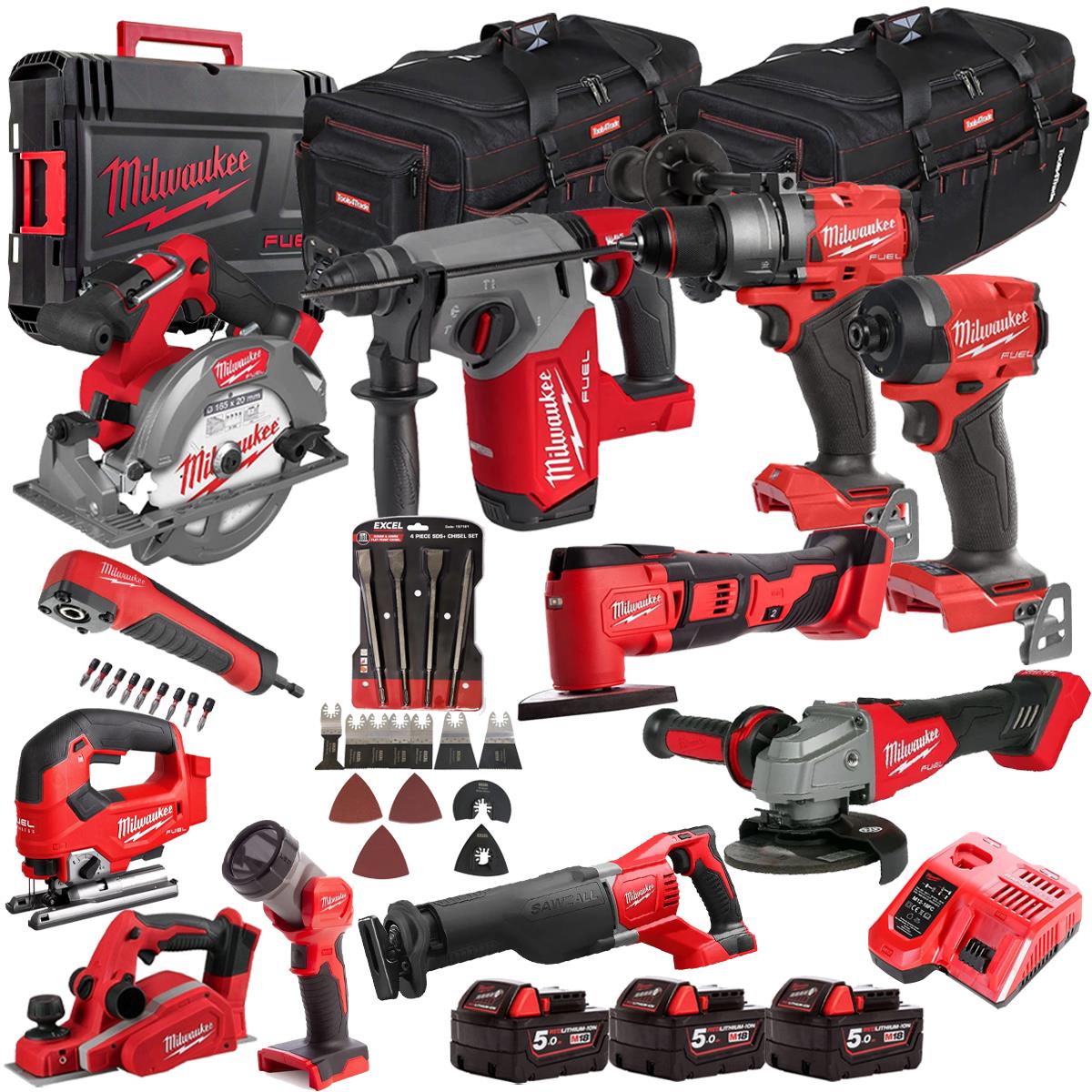 Milwaukee 18V 10 Piece Combo Kit with 3 x 5.0Ah Batteries & Charger & Accessory Set M18T4TKIT-4640