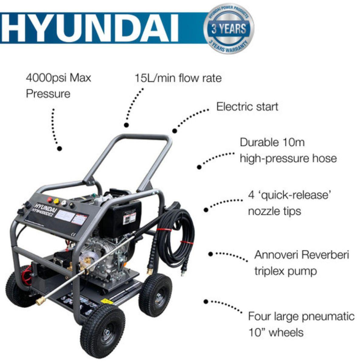 Hyundai HYW4000DE2 4000psi/275 bar Diesel Pressure Washer Annovi Reverberi Triplex Pump 13L/min with 10m Hose