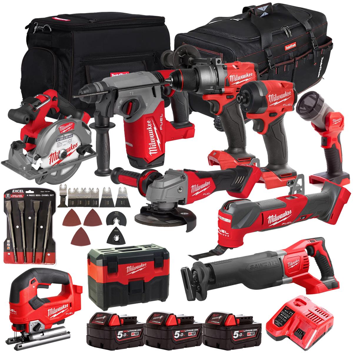 Milwaukee 18V 10 Piece Combo Kit with 3 x 5.0Ah Batteries & Charger & Accessory Set M18T4TKIT-4710