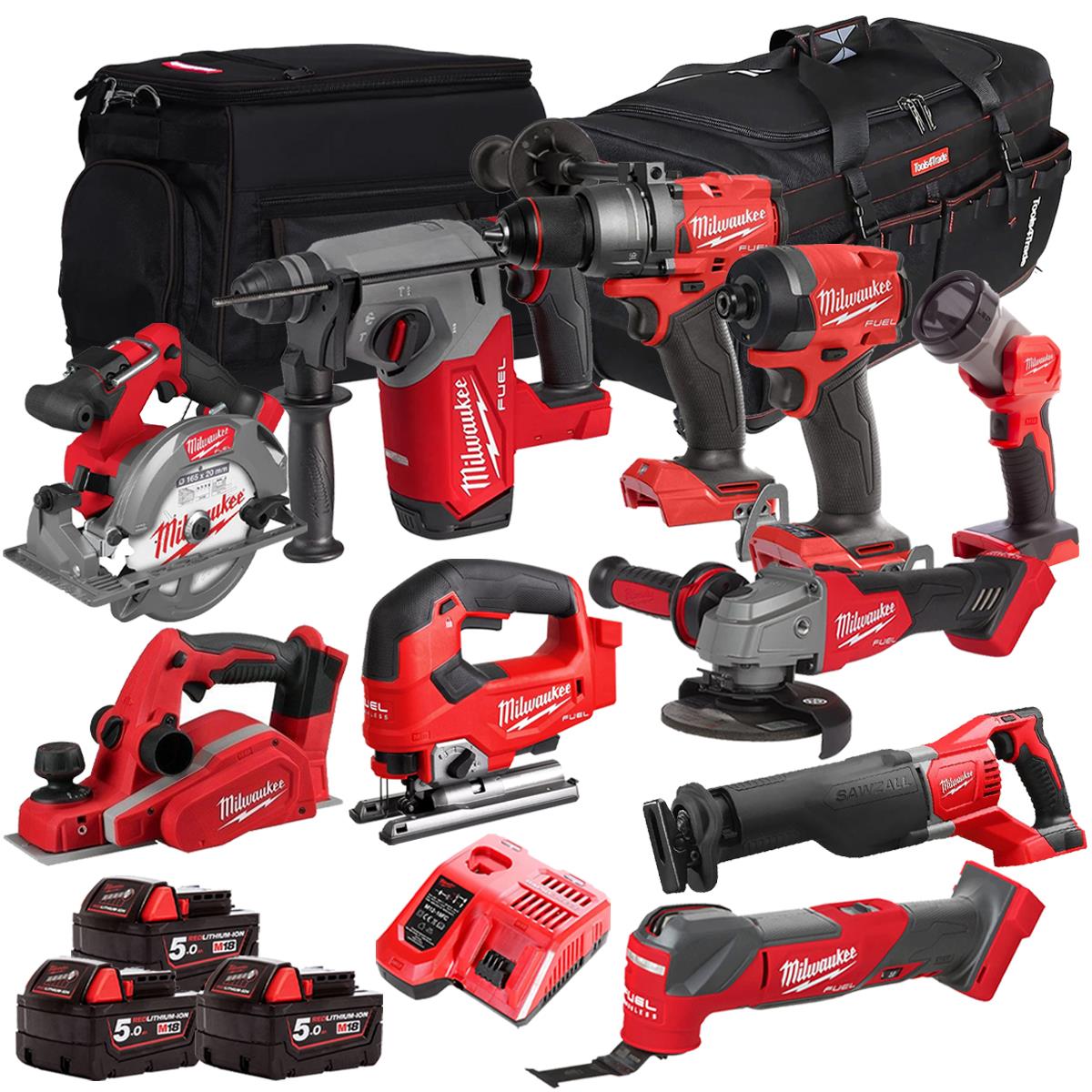 Milwaukee 18V 10 Piece Combo Kit with 3 x 5.0Ah Batteries & Charger M18T4TKIT-4698