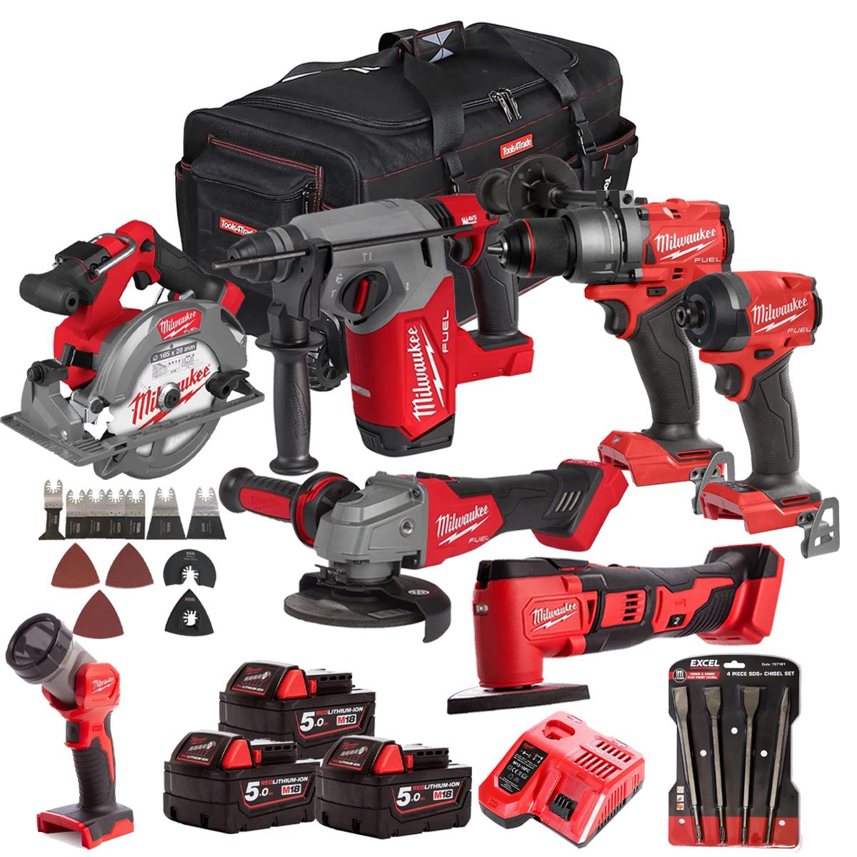 Milwaukee 18V 7 Piece Combo Kit with 3 x 5.0Ah Batteries & Charger & Accessory Set M18T4TKIT-4671