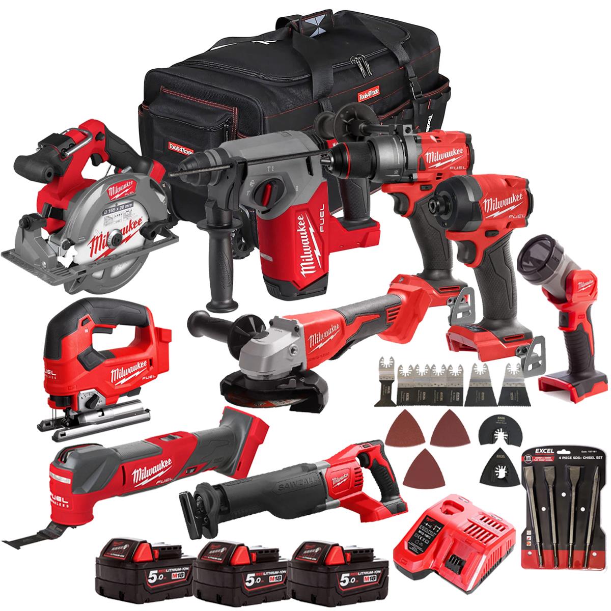 Milwaukee 18V 9 Piece Combo Kit with 3 x 5.0Ah Batteries & Charger & Accessory Set M18T4TKIT-4665