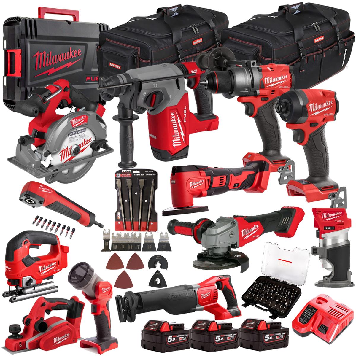Milwaukee 18V 11 Piece Combo Kit with 3 x 5.0Ah Batteries & Charger & Accessory Set M18T4TKIT-4632