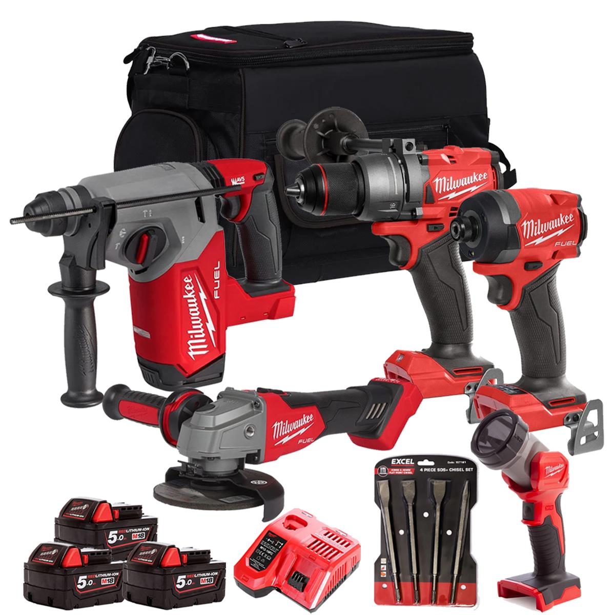 Milwaukee 18V 5 Piece Combo Kit with 3 x 5.0Ah Batteries & Charger & Accessory Set M18T4TKIT-4691