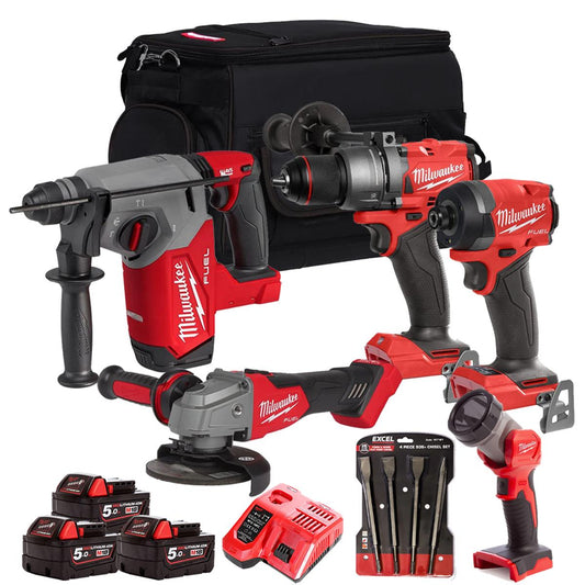 Milwaukee 18V 5 Piece Combo Kit with 3 x 5.0Ah Batteries & Charger & Accessory Set M18T4TKIT-4691