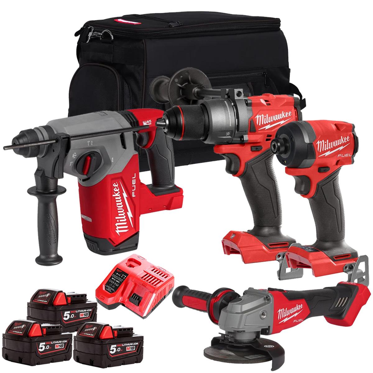 Milwaukee 18V Brushless 4 Piece Combo Kit with 3 x 5.0Ah Batteries & Charger M18T4TKIT-4689