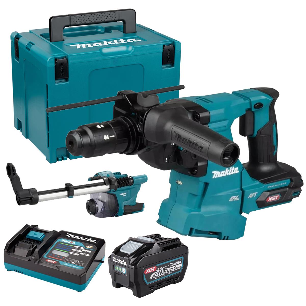 Makita HR012GZ03 40V Max XGT Brushless SDS-Plus Rotary Hammer Drill with 1 x 5.0Ah Battery, Charger Dust Collector & Case