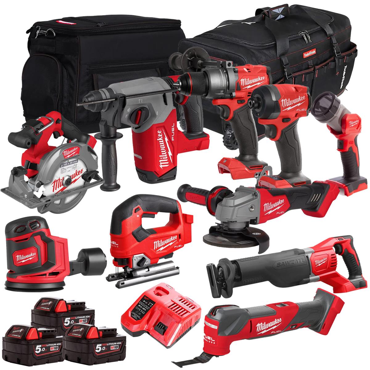 Milwaukee 18V 10 Piece Combo Kit with 3 x 5.0Ah Batteries & Charger M18T4TKIT-4701