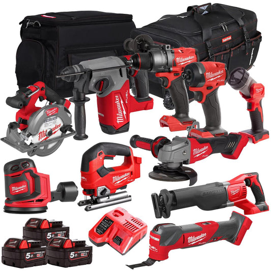 Milwaukee 18V 10 Piece Combo Kit with 3 x 5.0Ah Batteries & Charger M18T4TKIT-4701