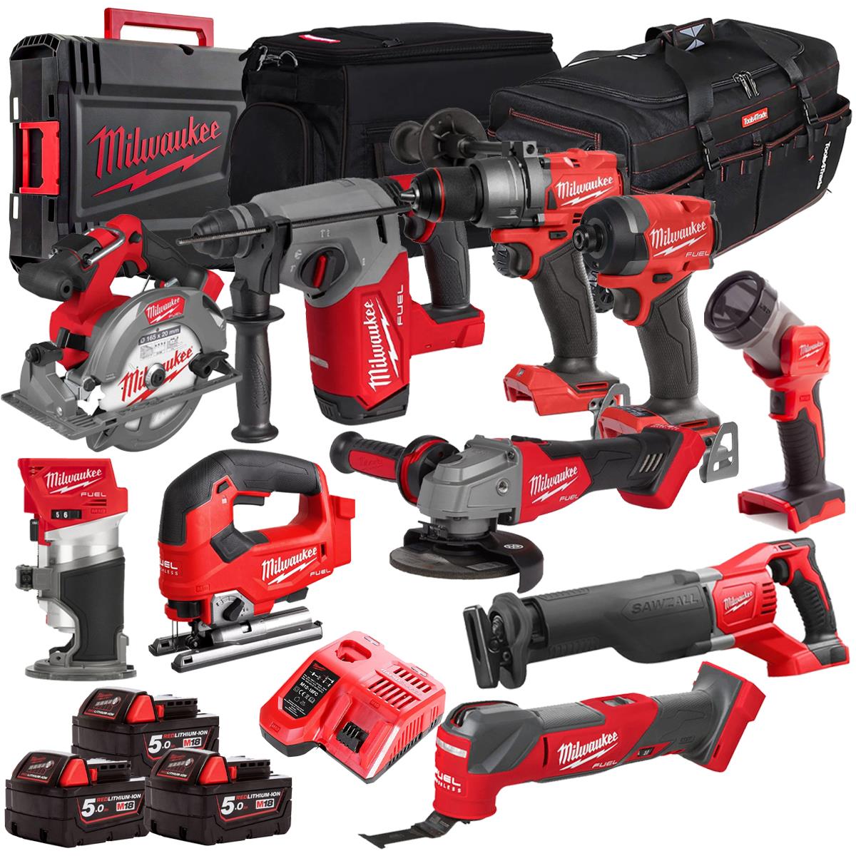 Milwaukee 18V 10 Piece Combo Kit with 3 x 5.0Ah Batteries & Charger M18T4TKIT-4704