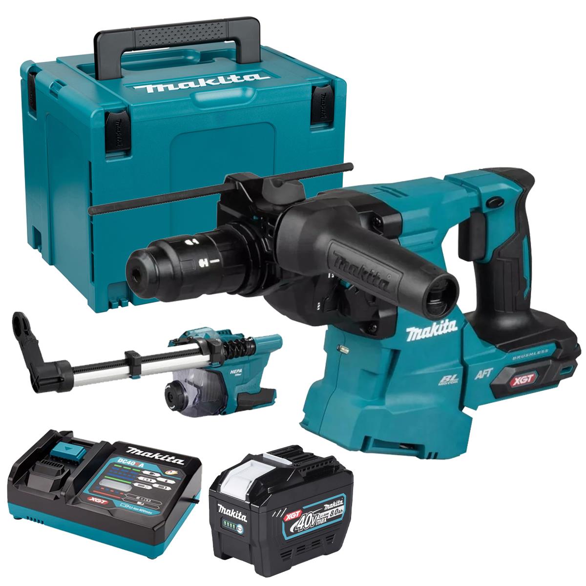 Makita HR012GZ03 40V Max XGT Brushless SDS-Plus Rotary Hammer Drill with 1 x 8.0Ah Battery, Charger Dust Collector & Case