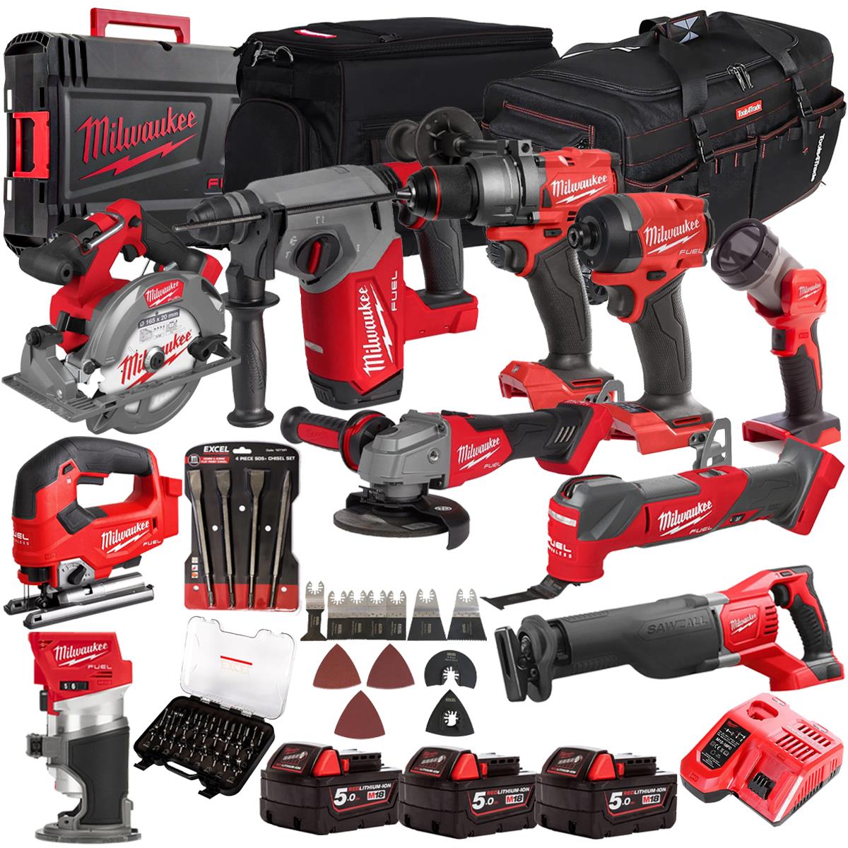 Milwaukee 18V 10 Piece Combo Kit with 3 x 5.0Ah Batteries & Charger & Accessory Set M18T4TKIT-4706