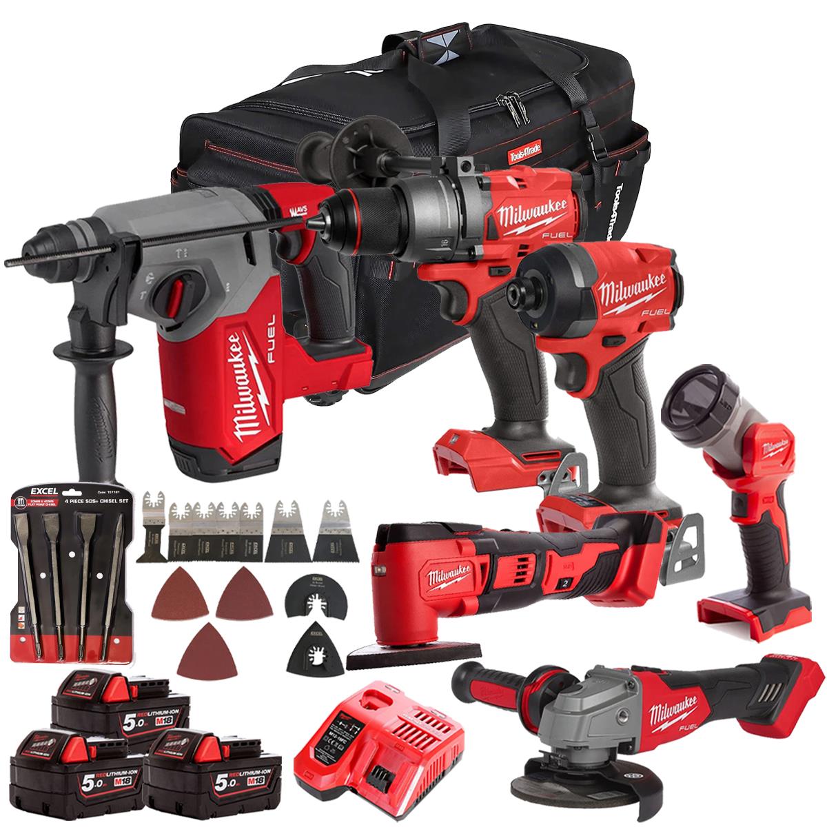 Milwaukee 18V 6 Piece Combo Kit with 3 x 5.0Ah Batteries & Charger & Accessory Set M18T4TKIT-4697