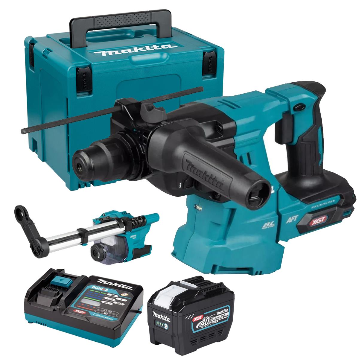 Makita HR011GZ03 40V Max XGT Brushless SDS-Plus Rotary Hammer Drill with 1 x 8.0Ah Battery, Charger, Dust Collector & Case