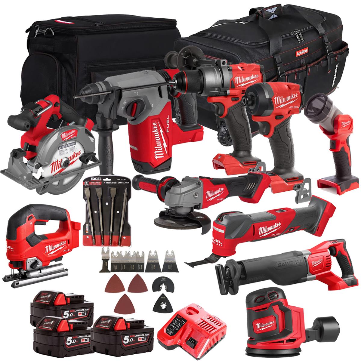 Milwaukee 18V 10 Piece Combo Kit with 3 x 5.0Ah Batteries & Charger & Accessory Set M18T4TKIT-4703