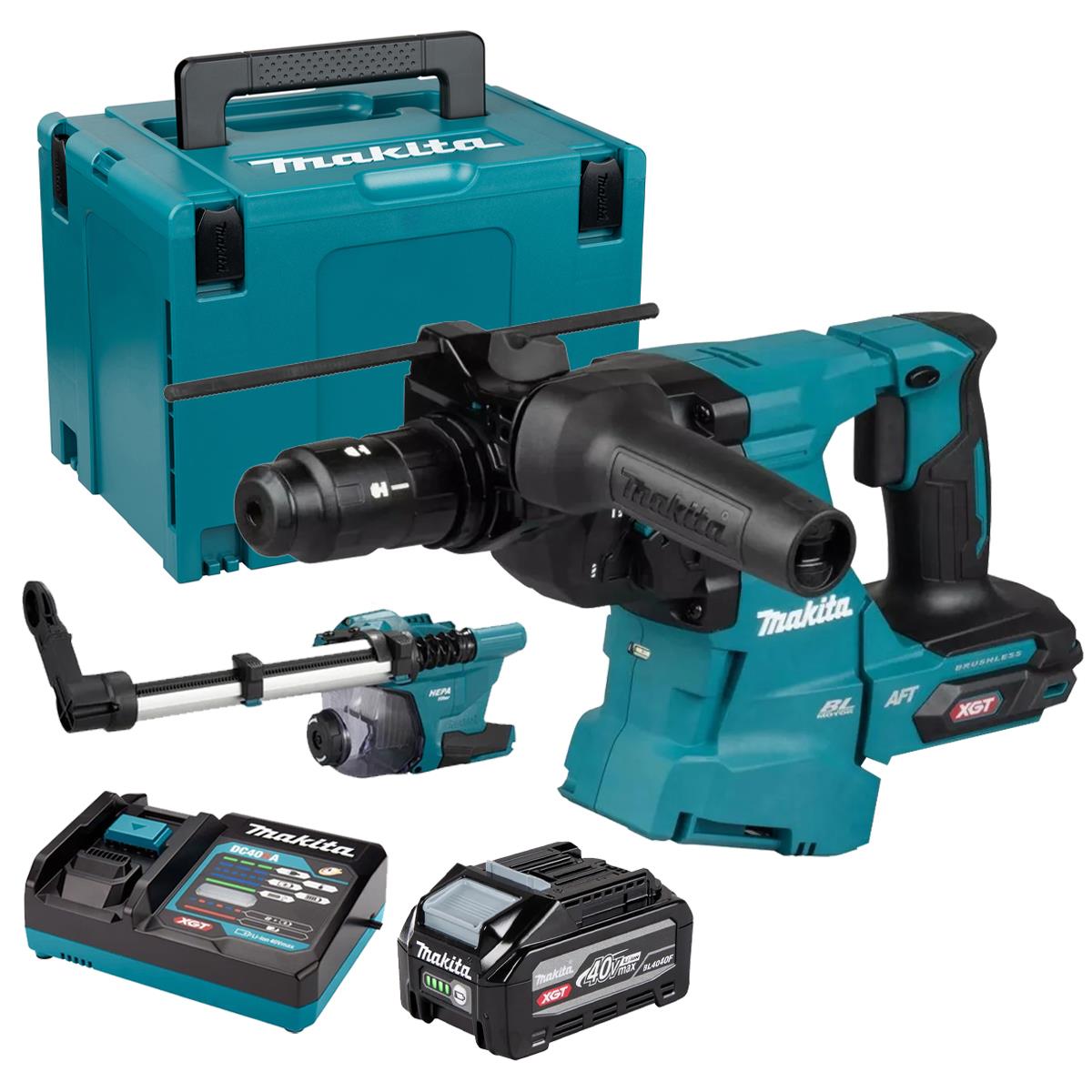 Makita HR012GZ03 40V Max XGT Brushless SDS-Plus Rotary Hammer Drill with 1 x 4.0Ah Battery, Charger Dust Collector & Case