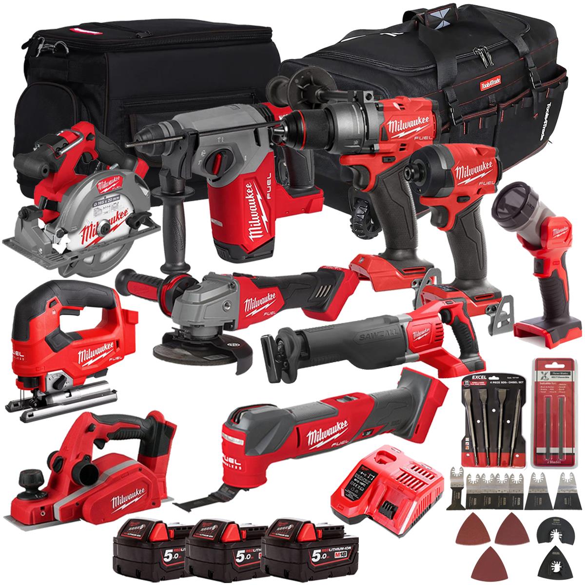 Milwaukee 18V 10 Piece Combo Kit with 3 x 5.0Ah Batteries & Charger & Accessory Set M18T4TKIT-4700