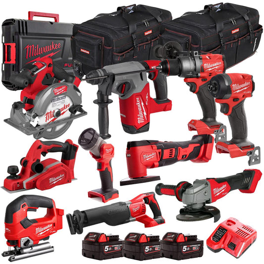 Milwaukee 18V 10 Piece Combo Kit with 3 x 5.0Ah Batteries & Charger M18T4TKIT-4637